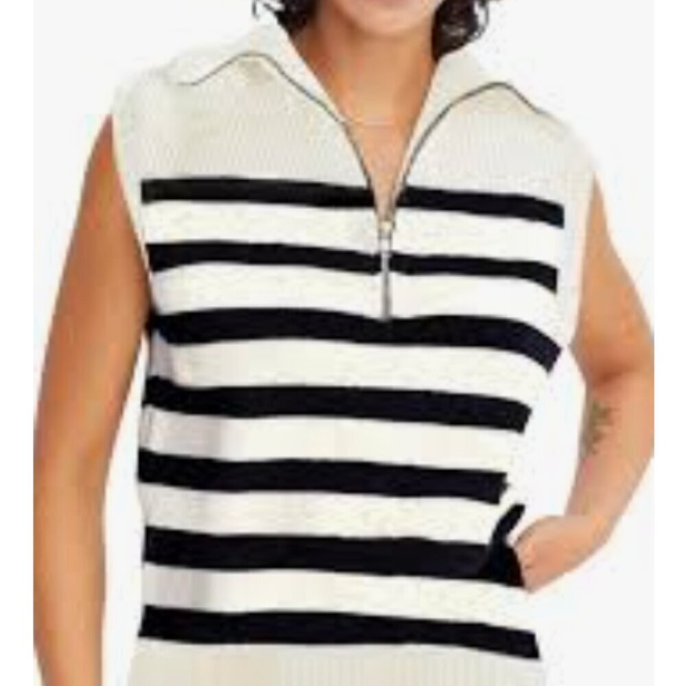Pretty Women's Striped Sweater Vest V Neck Quarter Zip I Size:L